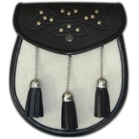 White Rabbit Fur Sporran, Celtic Knot design head on flap snap closure